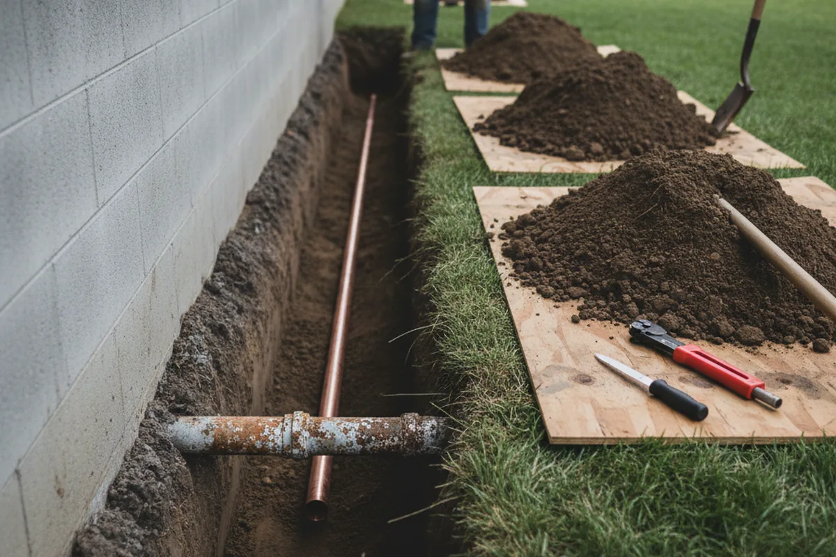 Excavated water line trench during Water Softener Installation in Whitakers